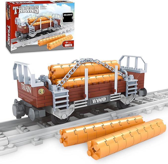 Finger Rock City Freight Train Car Building Toy Sets, Classic Wooden Carriage Cargo Train Model, 150 Pcs MOC Construction Toys for Train Lovers,STEM Gifts for Boys Girls 6 7 8+