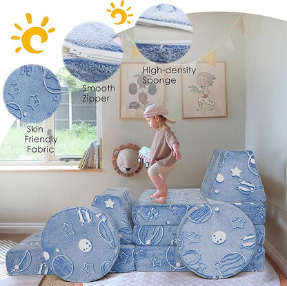 MeMoreCool Modular Glow Sofa for Kids, Space-Themed 8-Piece Convertible Foam Couch Play Set with Celestial Patterns for Toddlers and Playroom