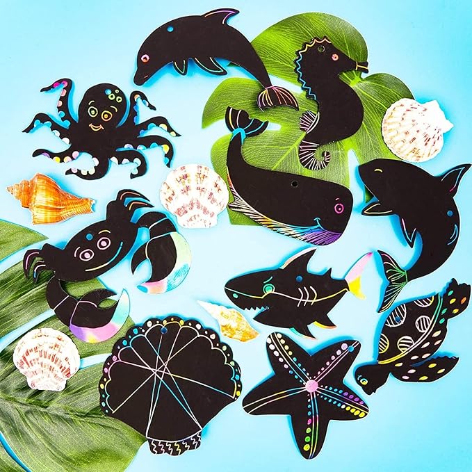 Bright Creations Rainbow Scratch Paper, Ocean Sea Animal Ornaments (50 Pack)