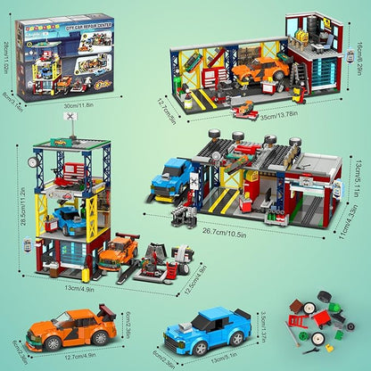 HOGOKIDS City Car Garage Building Set, 1022 PCS 3 IN 1 Auto Repair Shop, Gas Station, Car Wash Building Block with 2 Custom Cars Pretend Play Mechanic Toy Birthday Gift for 8-14+ Boys Teens Girls Kids