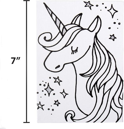Horizon Group USA Pre-Printed Canvas & Paint Art Set. Ready to Paint 5" x 7" Canvas Panels, 12 Tempera Paints, 6 Easy-Grip Assorted Paintbrushes Included. Panda, Fox & Glitter Unicorn