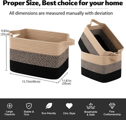 OIAHOMY Woven Storage Basket, Cotton Rope Baskets for Toys,Towel, Clothes, Used to Bathroom,Living Room,Nursery,Bedroom, 16"x12"x10"- Pack of 3, Black & Brown