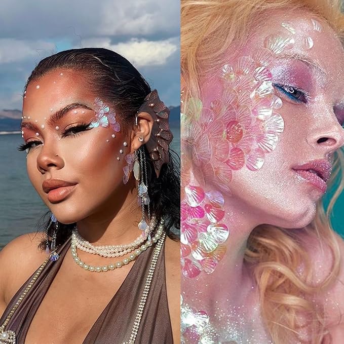 NOOEPC Mermaid Makeup Face Gems, Face Jewels Face Glitter, Shell Mermaid Flower Eye Rhinestone, Festival Essentials, Dance Performances Parties and Stage Cosplay Princess Makeup