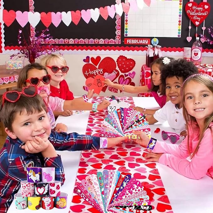 100Pcs Valentine's Day Slap Bracelets, Valentine Party Favors Snap Wristbands for Kids Exchange Gifts, Goodies Stocking Stuffers, Classroom Prizes