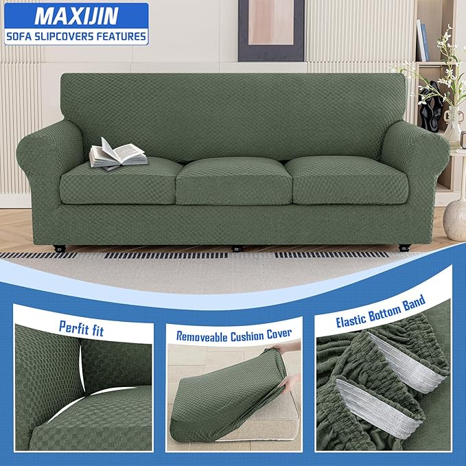 MAXIJIN 4 Piece Couch Covers for 3 Cushion Couch Super Stretch Non Slip Couch Cover for Dogs Pet Friendly Elastic Jacquard Furniture Protector Sofa Slipcovers (Sofa, Army Green)