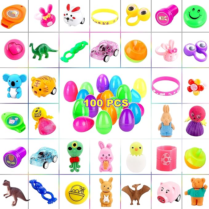 KASU 100 Pcs Prefilled Easter Eggs with Toys Inside Premium for Easter Theme Party Favor, Easter Eggs Hunt, Easter Basket Stuffers/Fillers, Classroom Prize Supplies