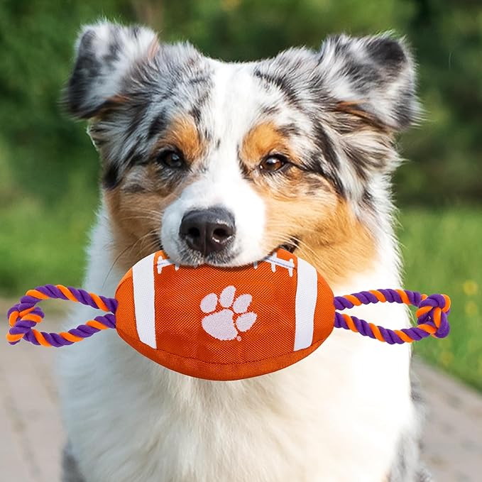 Pets First NCAA Clemson Tigers Football Dog Toy, Tough Quality Nylon Materials, Strong Pull Ropes, Inner Squeaker, Collegiate Team Color