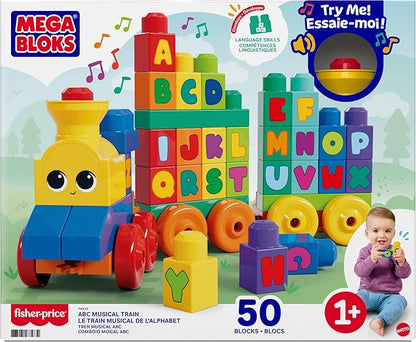 MEGA BLOKS First Builders Toddler Building Blocks Toy Set, ABC Musical Train with 50 Pieces, Music and Sounds, Ages 1+ Years
