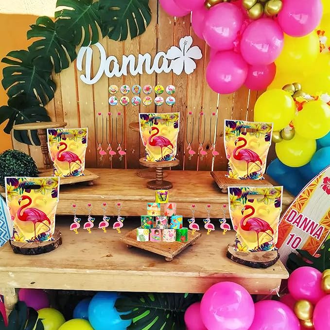 110 PCS Flamingo Party Favors Pink Flamingo Goodie Bags with Keychains, Stickers, Slap Bracelets, and Bags for Flamingo Themed Birthday Party Hawaiian Aloha Party