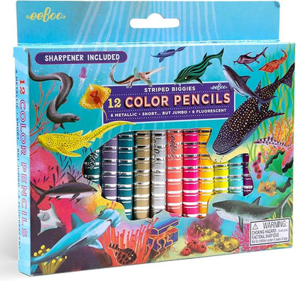 eeBoo: Striped Biggies 12 Color Pencils: Shark - 12pc Set w/ 6 Fluorescent & 6 Metallic Colors, Includes Sharpener, Art Supplies, Kids Ages 4+