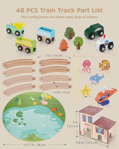 Wooden Train Track Set - 48-Piece Toy Train Tracks Compatible with Thomas, Brio, Melissa & Doug - Includes Fishing and Puzzles for Toddlers 3-8 - Educational for Fun Playtime