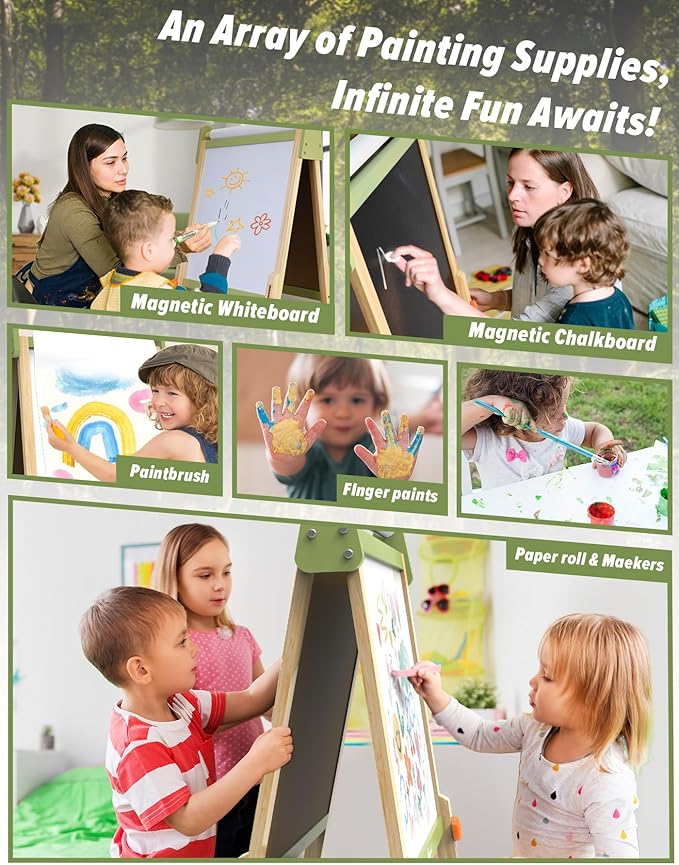 Joyooss Art Easel for Kids, Double-Sided Magnetic Easel for Children with Whiteboard & Chalkboard, Deluxe Standing Easel for Toddler with Paper Roll & Painting Accessories Painting Station for Kids