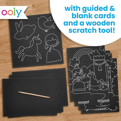 Ooly Scratch & Scribble 10pc Art Kit with 8 Total Scratch Cards (4 Illustrated, 2 Blank, 2 Rainbow) with Scratching Tool and Sparkled Stickers, Art Set Gifts for Kids - Princess Garden