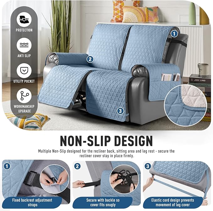 TAOCOCO 100% Waterproof Loveseat Recliner Cover-Recliner Cover with Non-Slip Granule, Recliner Chair Covers with Elastic Band,Washable Recliner Chair/Protector for Pets(Sky Blue, 2 Seater)