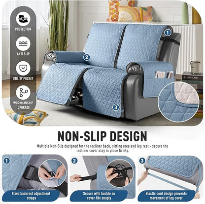 TAOCOCO 100% Waterproof Loveseat Recliner Cover-Recliner Cover with Non-Slip Granule, Recliner Chair Covers with Elastic Band,Washable Recliner Chair/Protector for Pets(Sky Blue, 2 Seater)