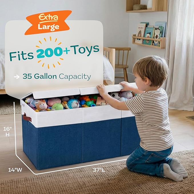 SoftOwl Extra Large Toy Storage Organizer with Lid - Sturdy, Collapsible Toy Chest Storage Box Design - Toys Bin with Dividers for Kids, Nursery, Bedroom, Playroom 37"x16"x14"
