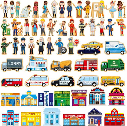 Blosssound 81 Pcs Wooden Community Helpers Toys Wooden Car Town Set Wood People Figures Multicultural Career Wood Blocks for Preschool Classroom Diversity Play Games Educational Activity Supplies