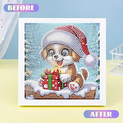 Christmas Diamond Art for Kids with Frame-Dog Kids Diamond Painting Kits,Animal Diamond Painting Kits for Kids 8-12 Full Drill Gem Art for Home Decor 7x7inch