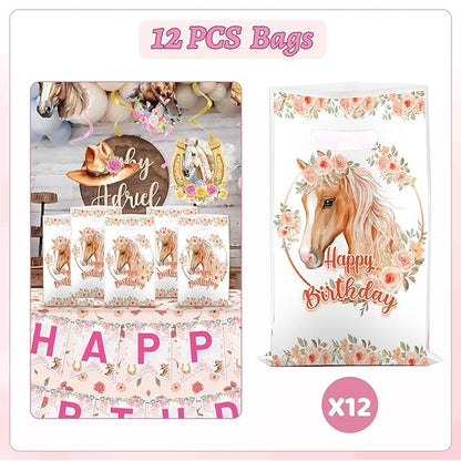 60 PCS Horse Cowgirl Party Favors, Horse Themed Temporary Tattoos, Slap Bracelets, Keychains, Badges, Gift Bags for Cowgirl Birthday Party Decorations and Classroom Rewards