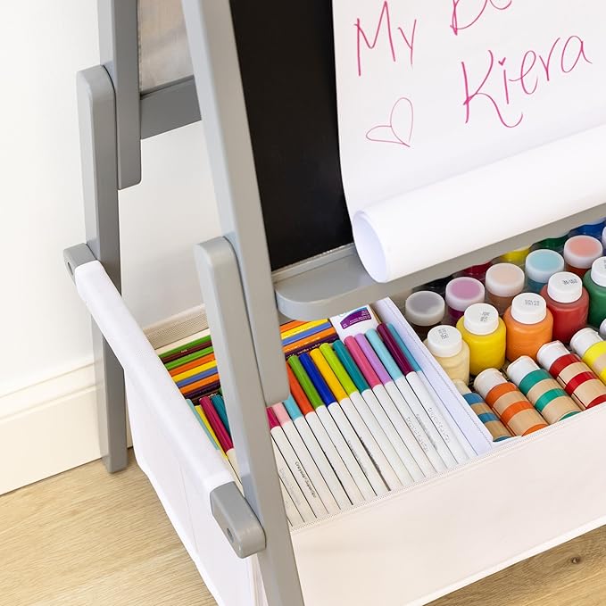 Humble Crew Inspire Kids Chalkboard and Dry Erase Easel with Storage Bins, 1 Paper Roll, 2pc Chalk, and Eraser, Grey
