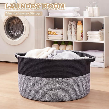 OIASKET Large Blanket Basket with Handles, 22.8" x 22.8" x 13" Woven Storage Basket for Living Room, Cotton Rope Baby Toy Storage for Clothes, Pillows, Towels-Black and Grey