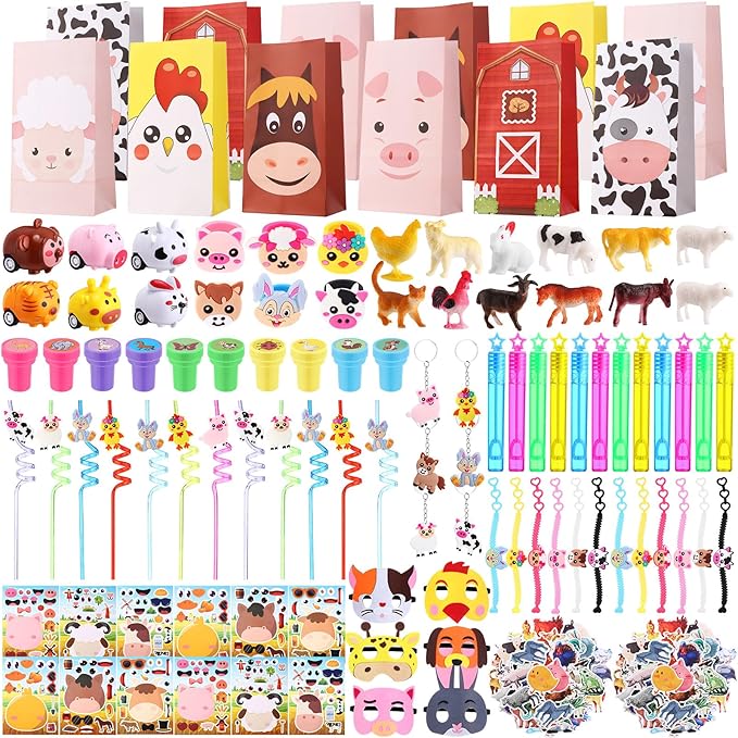 182 Pcs Farm Animals Party Favors Set Animal Models Keychains Straws Bracelets Stickers Masks Farm Paper Bags Toy Cars Gifts for Birthday Party Goody Bag Stuffer