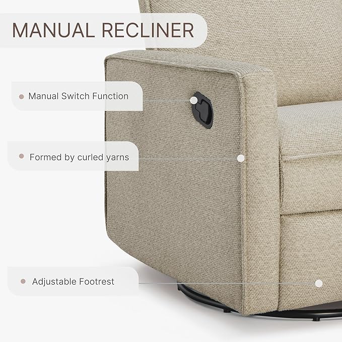 Upholstered Recliner Swivel Glider Nursery Chair Reclining Performance Fabric Rocker with Metal Base,Basketweave,Oat