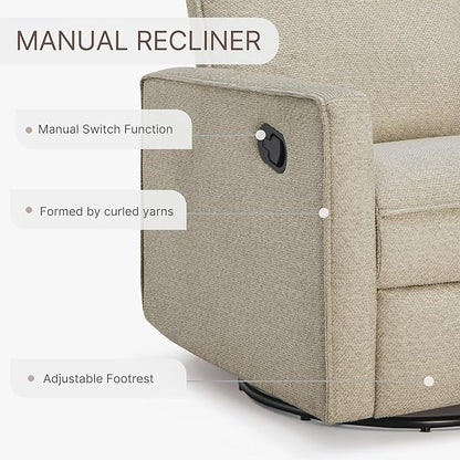 Upholstered Recliner Swivel Glider Nursery Chair Reclining Performance Fabric Rocker with Metal Base,Basketweave,Oat