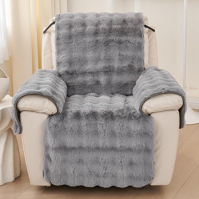 vctops Faux Fur Fluffy Recliner Chair Slipcover Faux Rabbit Fur Non Slip Sofa Cover Super Soft Plush Thick Couch Cover Furniture Protector with Elastic Straps for Kids, Dogs, Pets(Mid Grey,24")