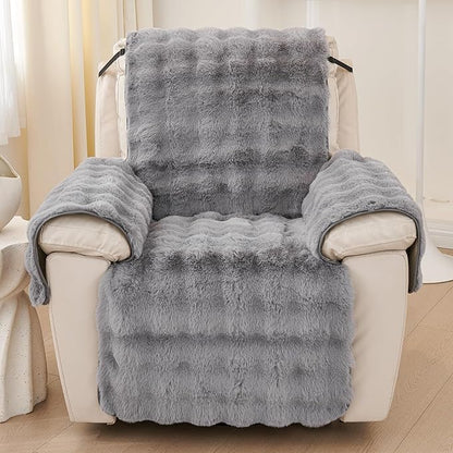 vctops Faux Fur Fluffy Recliner Chair Slipcover Faux Rabbit Fur Non Slip Sofa Cover Super Soft Plush Thick Couch Cover Furniture Protector with Elastic Straps for Kids, Dogs, Pets(Mid Grey,24")