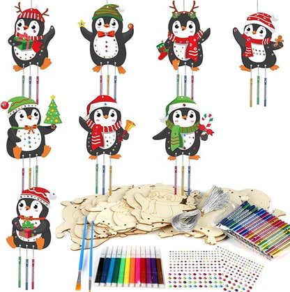 gisgfim 16 Pack Christmas Penguins Wind Chime Crafts Kits for Kids Make Your Own Penguin Wind Chime Wooden DIY Arts and Crafts for Christmas Party School Classroom Decorations Supplies Birthday Favors