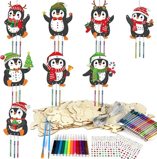 gisgfim 16 Pack Christmas Penguins Wind Chime Crafts Kits for Kids Make Your Own Penguin Wind Chime Wooden DIY Arts and Crafts for Christmas Party School Classroom Decorations Supplies Birthday Favors