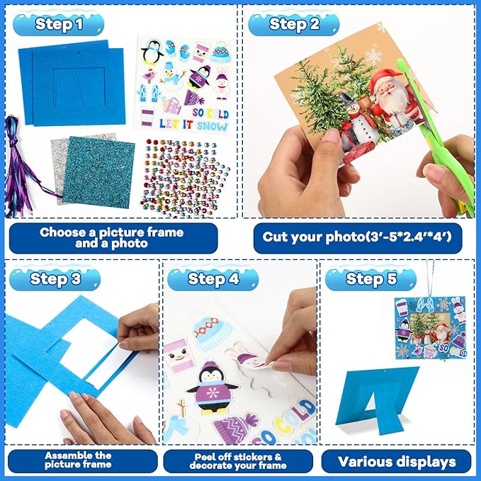 Qyeahkj 506pcs Winter Foam Arts Craft Picture Frame Kit for Kids, 18 Sets Felt Picture Frame with Easel for Winter Snowman Snowflake DIY Party Game Activities Favors Decors Supplies