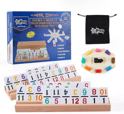 Mexican Train Dominoes Set with Numbers - Double 12 Colored Number Dominoes - Includes 91 Tiles with 9 Trains, 4 Wooden Trays and Storage Bag for 2-8 Players Ages 8+