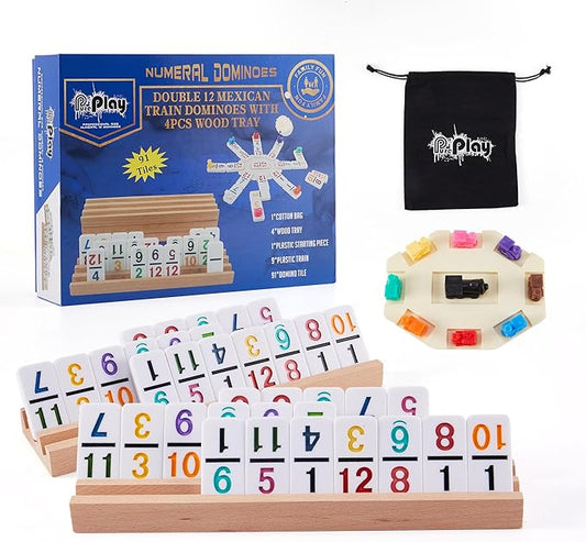 Mexican Train Dominoes Set with Numbers - Double 12 Colored Number Dominoes - Includes 91 Tiles with 9 Trains, 4 Wooden Trays and Storage Bag for 2-8 Players Ages 8+