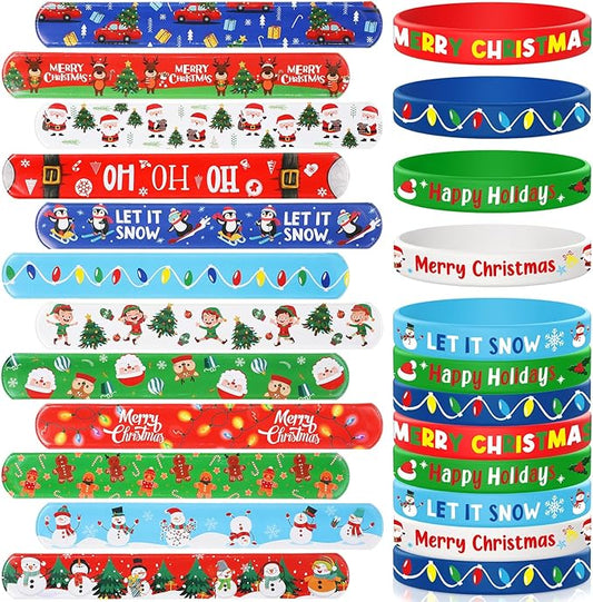 Capoda 60 Pieces Christmas Party Favors Christmas Silicone Bracelet Christmas Slap Wristbands Christmas Rubber Wristbands Xmas Slap Bracelets for Xmas Party Favors Stocking Stuffers Classroom Gifts