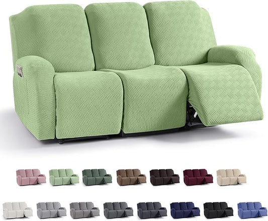 KinCam Recliner Covers, Stretch Reclining Chair Covers, Recliner Sofa Slipcovers Stripe Jacquard Recliner Couch Covers Furniture Protector Covers for Pet Kid (3 Seater, Light Green)