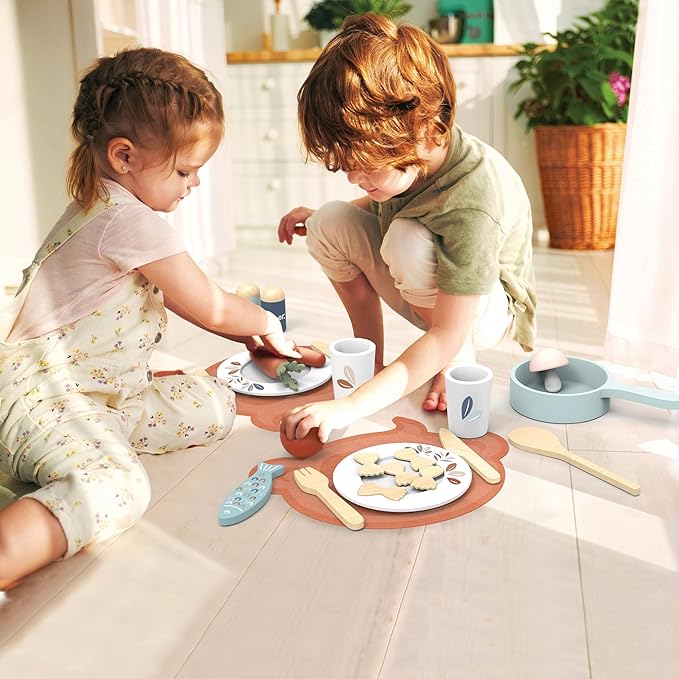 Speedy Monkey Wooden Dining Set for Two – 19-Piece Pretend Play Meal Kit with Pasta, Fish, Sausage, Vegetables, and More – for Kids 2yrs Up | Encourages Imagination, Role Play & Fine Motor Skills
