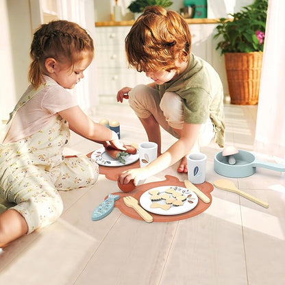 Speedy Monkey Wooden Dining Set for Two – 19-Piece Pretend Play Meal Kit with Pasta, Fish, Sausage, Vegetables, and More – for Kids 2yrs Up | Encourages Imagination, Role Play & Fine Motor Skills