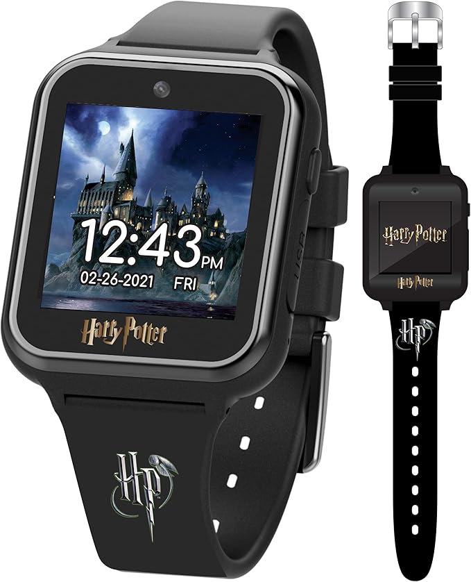 Accutime Kids Harry Potter Educational Learning Touchscreen Black Smart Watch Toy with Black Strap for Girls, Boys, Toddlers - Selfie Cam, Games, Alarm, Calculator, Pedometer (Model: HP4096AZ)
