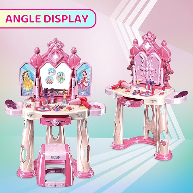 Pretend Play Girls Makeup Table Set with Stool，Open Doors by Gestures，Kids Vanity Set with Lights and Music，Toddler Beauty Salon Set with Makeup Accessories & Hair Dryer，Toy for Toddlers 2-5 Years Old