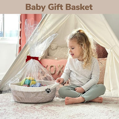 Dog Toy Basket Small Gift Basket for Baby, 12"x 8" x 5" inches Woven Storage Baskets for Dog Cat, Nursery Storage Baskets for Diapers, Towels, Mixed-Brown