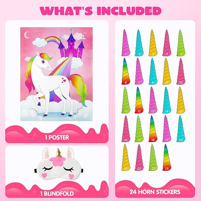 JOYIN Pin The Unicorn Horn Game, 24 Pcs 21'' x 28'' Unicorn Themed Party Games Party Supplies Birthday Party Decorations for Kids Girls