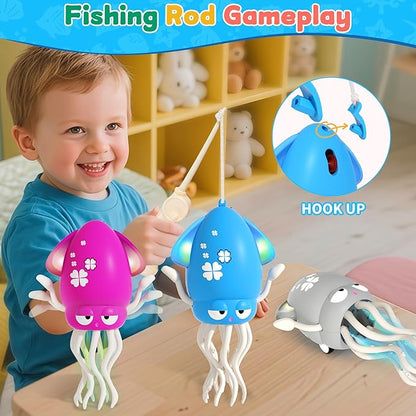 Electric Dancing Octopus Light Music Suitable for 12-18 Months Old Baby Toys, Kid Crawling Squid Toys Suitable for Toddler Tummy Time, Christmas Birthday Gifts for 1 2 3 4 5 6 Year Old Boy (Blue)
