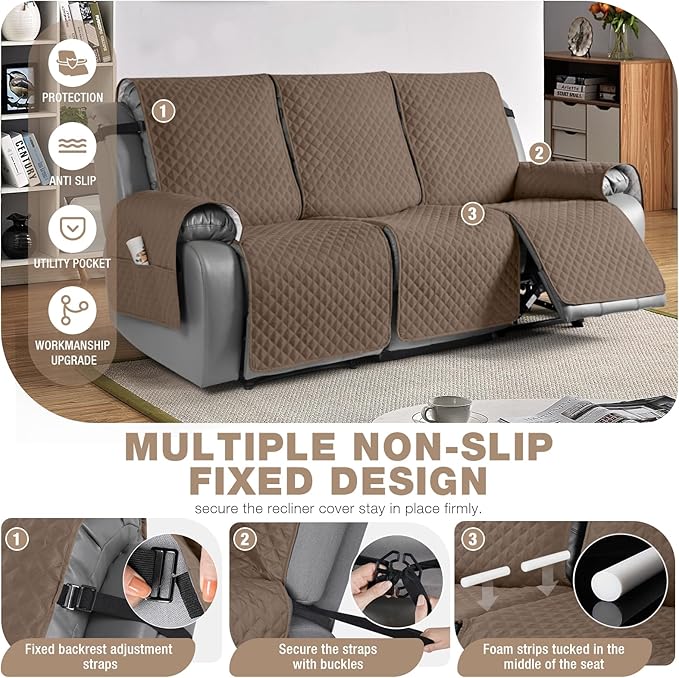 TAOCOCO Waterproof Recliner Couch Covers Sofa Slipcover for 3 Cushion Couch, Pet Sofa Cover for 3 Seat Recliner, Washable Reclining Sofa Cover Furniture Protector with Straps(3 Seater, Brown)