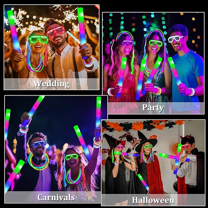 168 PCS Glow Party Supplies Light Up Party Favors with 16 Foam Glow Sticks, 16 LED　Glasses,120 Glow Sticks Bracelets and 16 LED Hair Clips Fiber Optic Neon Accessories for　Birthday, Wedding, Concert