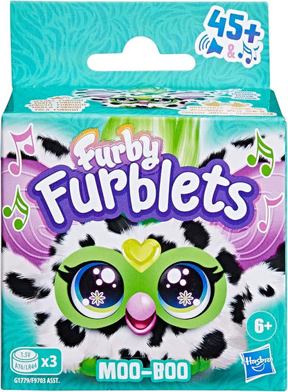 Furby Furblets Moo-Boo Mini Friend, Electronic Plush Toys for Girls & Boys, Cow, Black & White, Speaks Furbish & Plays Music, Series 5, Back to School Gifts, Ages 6+