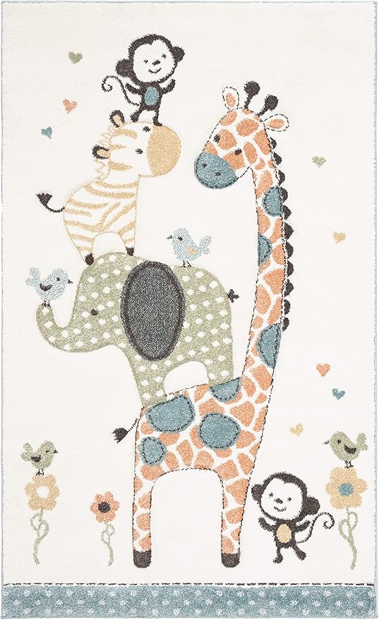 SAFAVIEH Carousel Kids Collection Accent Rug - 2' x 3', Ivory, Animal Design, Non-Shedding & Easy Care, Ideal for High Traffic Areas for Boys & Girls in Playroom, Nursery, Bedroom (CRK120A)
