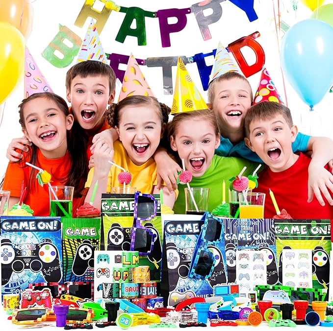 125Pcs Video Game Party Favors for Kids, with Goodie Bag Stuffers Includ Arcade Video Game Keychain Glasses Bracelets Stamps Tattoos Stickers etc, for Kids Boys Girls Birthday Party Favor Supplies