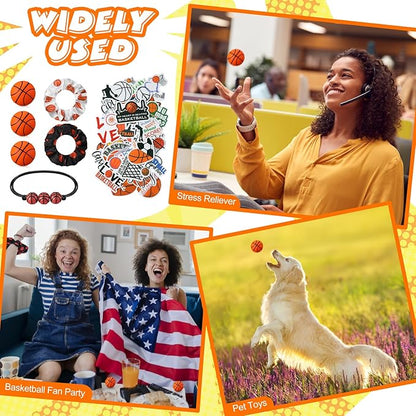 86 Pcs Basketball Party Favors, 50 Pcs Basketball Stickers, 12 Sports Stress Ball Mini Foam Basketball Ball, 12 Basketball Charm Bracelets 12 Basketball Scrunchie Sports Valentines Gifts Supplies